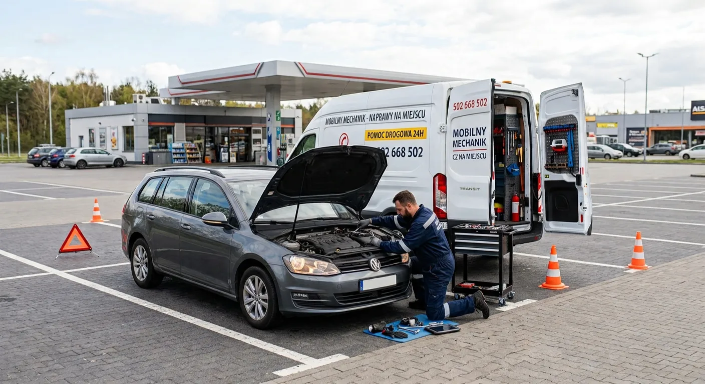 Mobilny mechanik z Kielc naprawia samochód na miejscu awarii