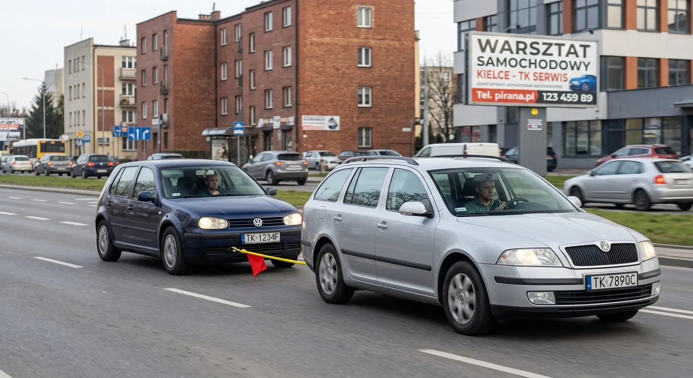 Autolaweta w Kielcach z załadowanym samochodem osobowym na platformie