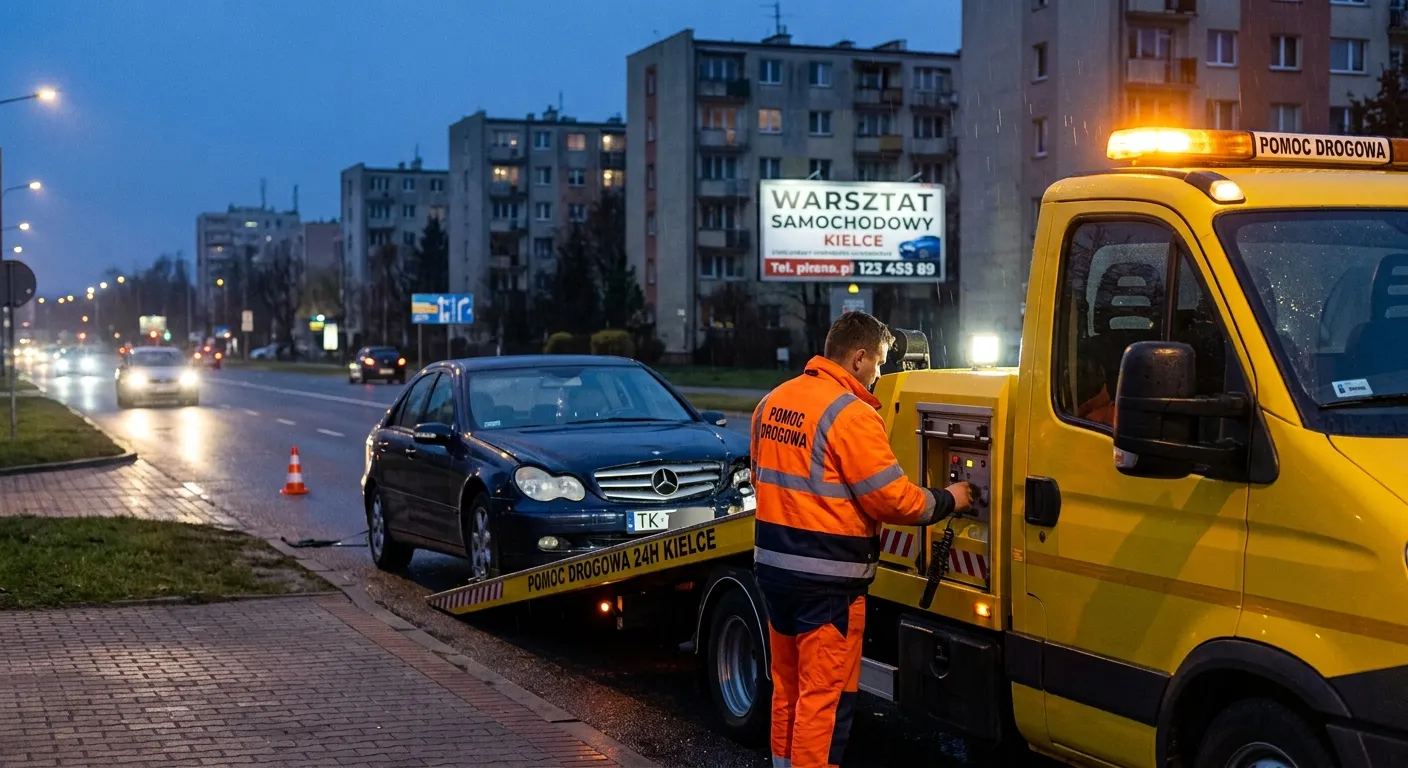 Pomoc drogowa Kielce – zabezpieczone miejsce zdarzenia i pojazd pomocy drogowej